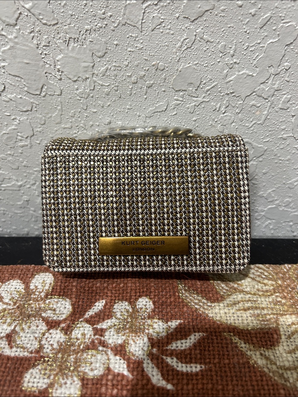 Micro Kurt Geiger Brown and Cream Tweed Chain Clutch